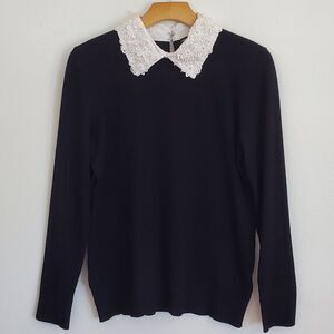 Cable & Gauge Black Sweater with White Lace Collar